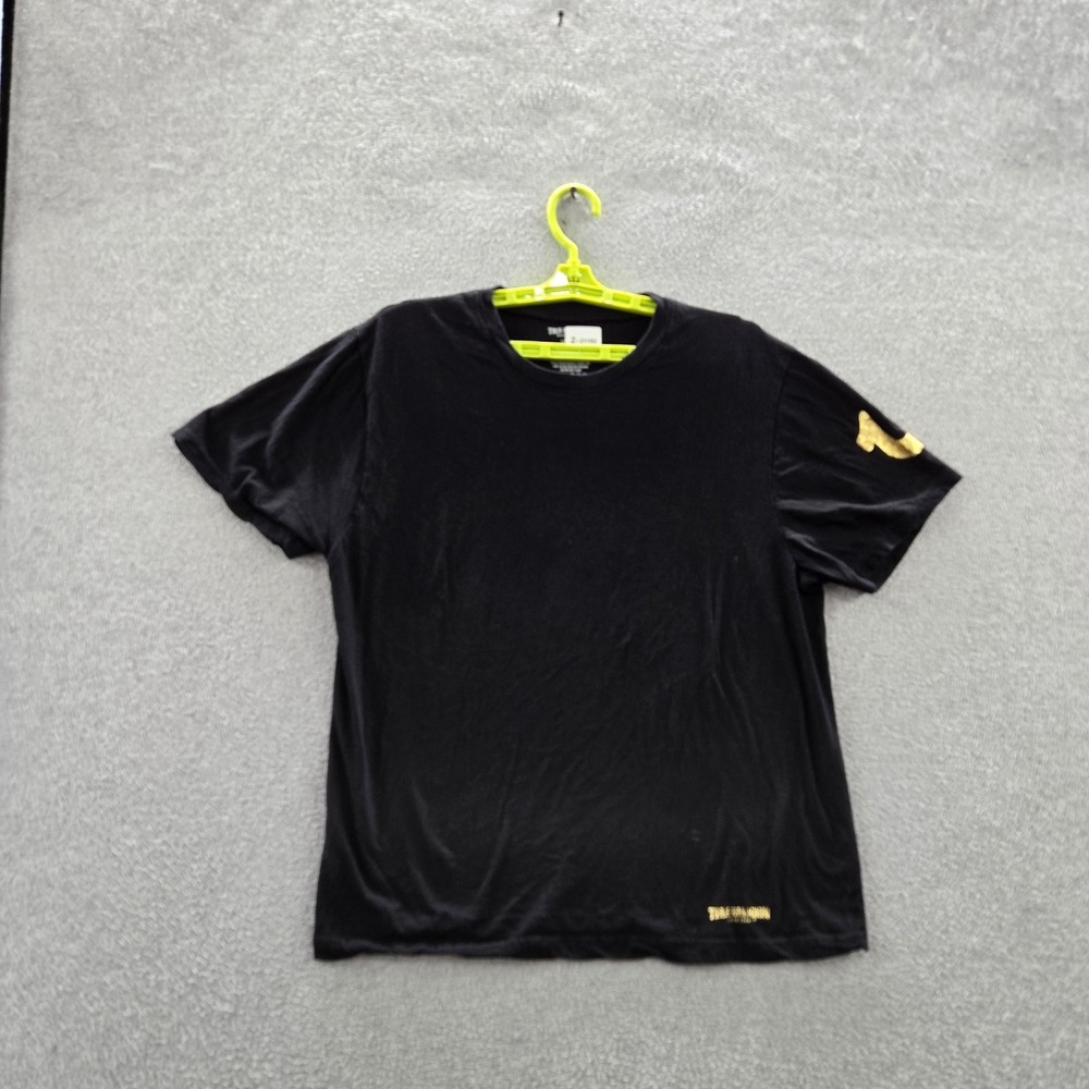 True‎ Religion Men Shirt LARGE Black Logo Text Short Sleeve